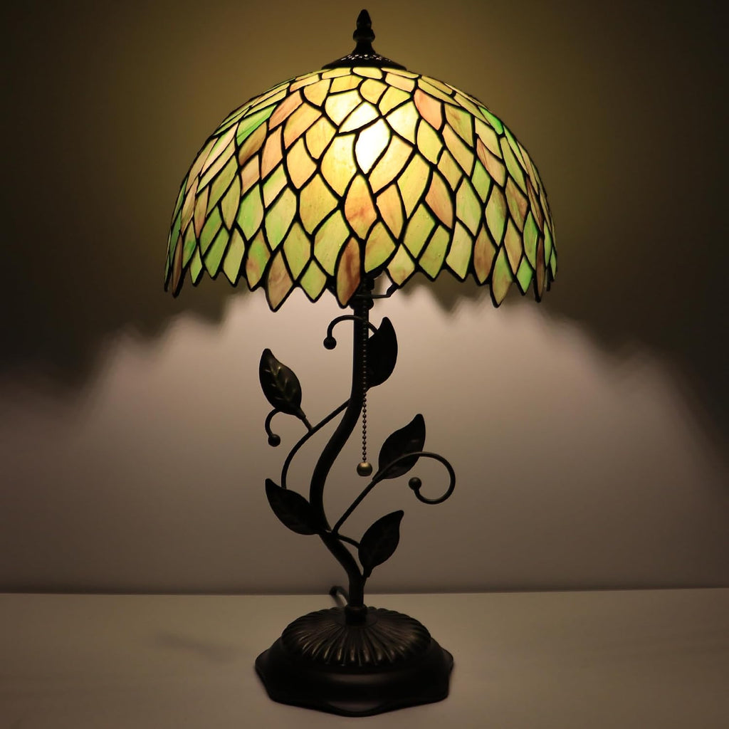 Tiffany Lamp Brownish Green Leafage Style Stained Glass Table Lamp Desk Bedside Reading Light 12X12X19 Inches with Metal Leaf Base