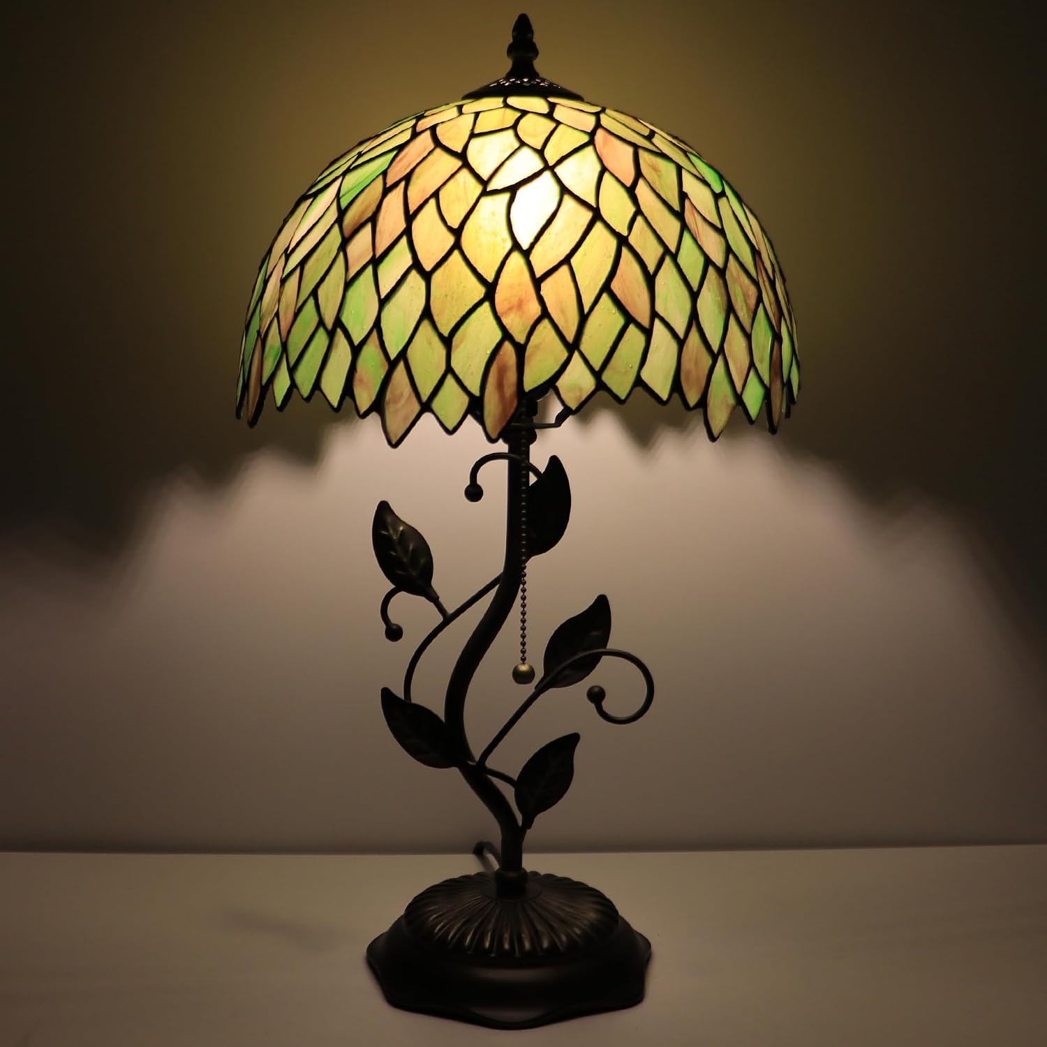 Tiffany Lamp Brownish Green Leafage Style Stained Glass Table Lamp Desk Bedside Reading Light 12X12X19 Inches with Metal Leaf Base
