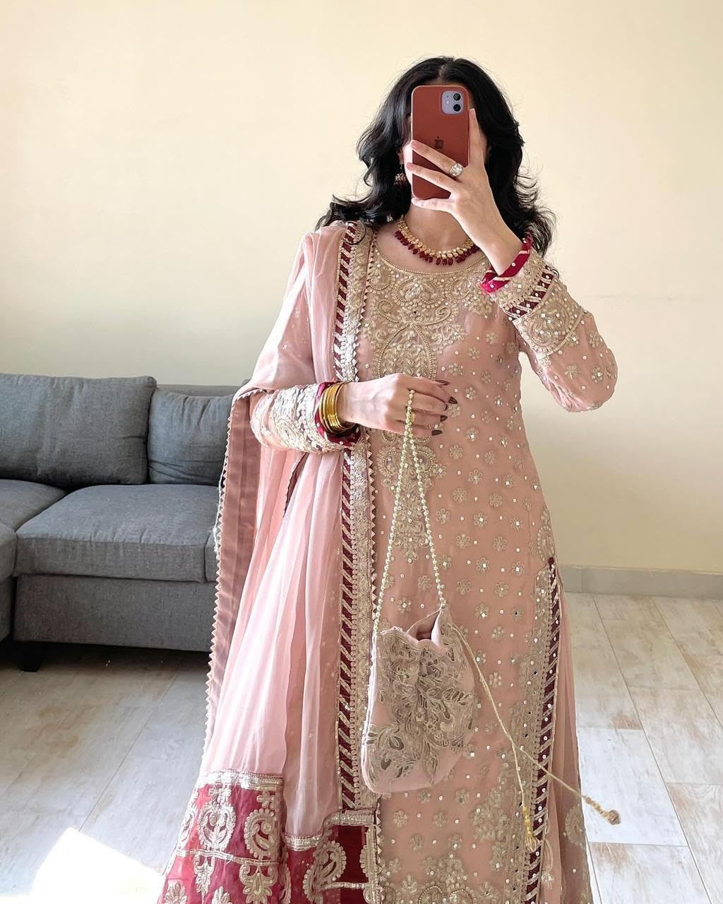 Indian Women's Foux Gorgette Fabric Thread Sequnce Rivet Moti Work Suit 12303