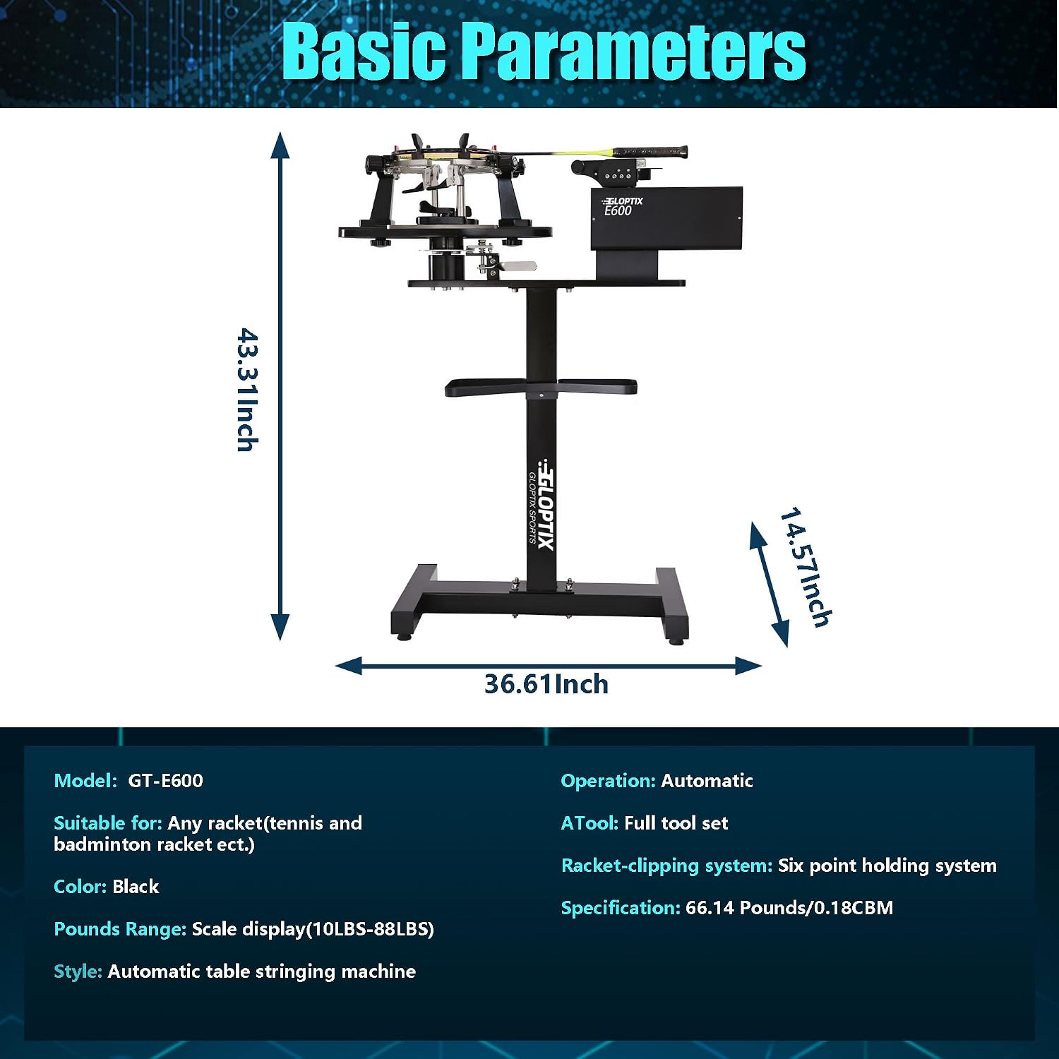 GT-E600 Electronic Tennis Racket Stringing Machine Digital Desktop Progression String Tools, with Tools and Accessories