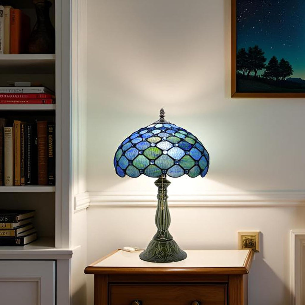 Tiffany Lamp Stained Glass Table Lamps Sea Blue Water Ripple Pearl Style Desk Lamp12X12X18.5 Inch Bronze Ceramic Base Reading Light Suitable for Bedside Bedroom Living Room Dining Room Office