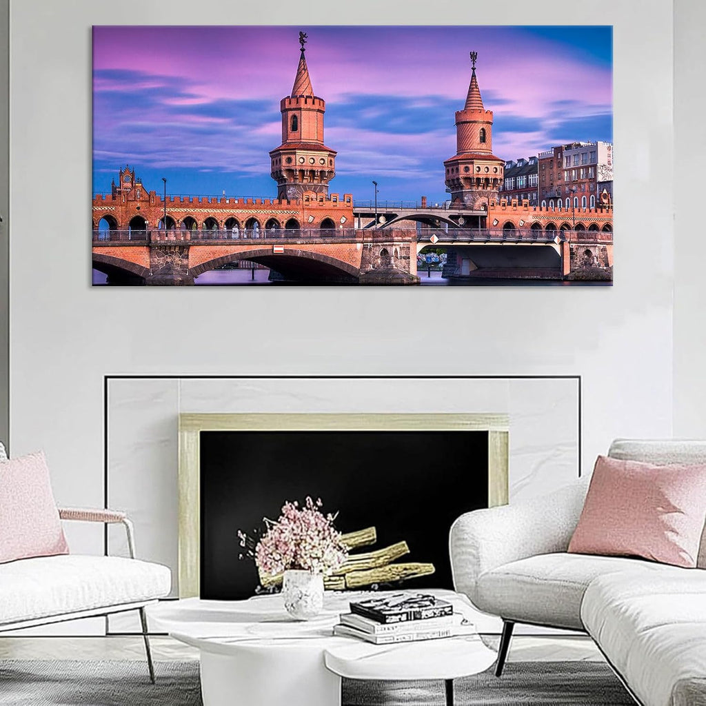 Magical Berlin Sky Poster European Bridge Twilight Decor German Brick Architecture Wall Art Romantic Berlin Bridge Canvas Vintage Medieval Print Living Room Apartment Picture 20x40inch Framed