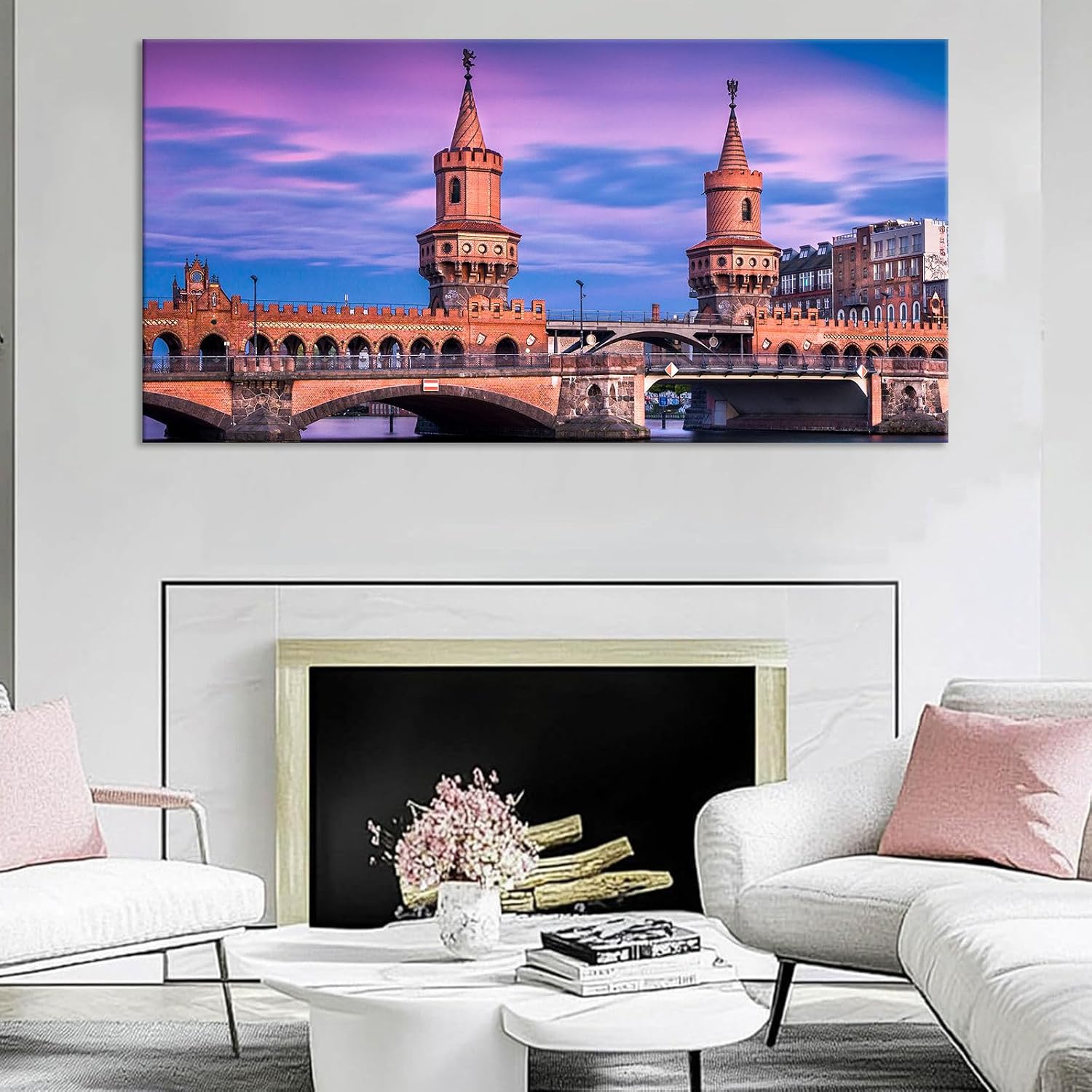 Magical Berlin Sky Poster European Bridge Twilight Decor German Brick Architecture Wall Art Romantic Berlin Bridge Canvas Vintage Medieval Print Living Room Apartment Picture 20x40inch Framed
