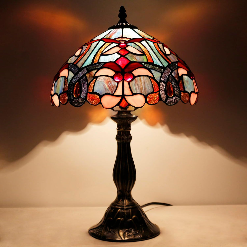 WERFACTORY Tiffany Lamp Blue Pink Stained Glass Table Lamp Reading Light 12X12X18 Inches Decor Bedroom Living Room Home Office S830B Series