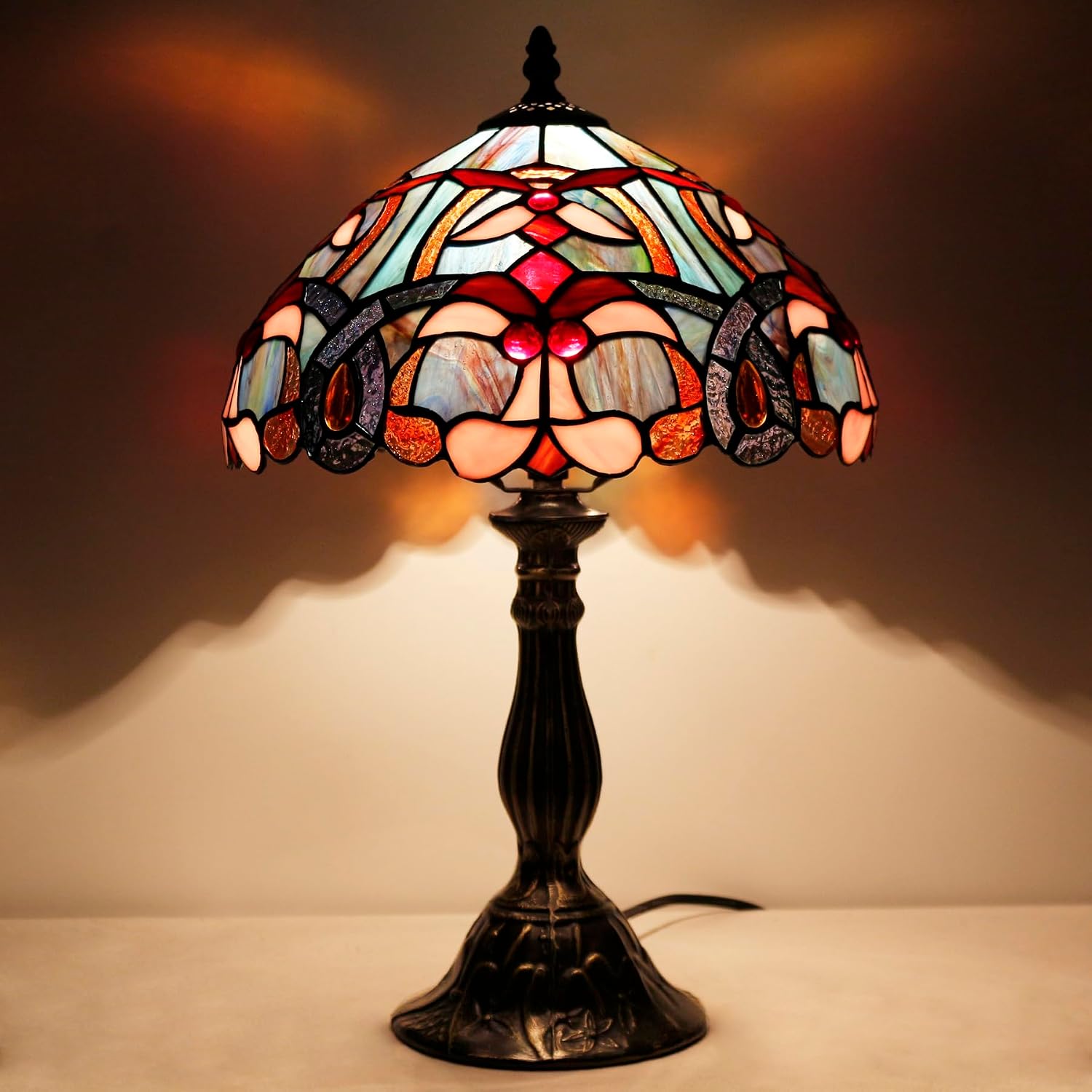 WERFACTORY Tiffany Lamp Blue Pink Stained Glass Table Lamp Reading Light 12X12X18 Inches Decor Bedroom Living Room Home Office S830B Series