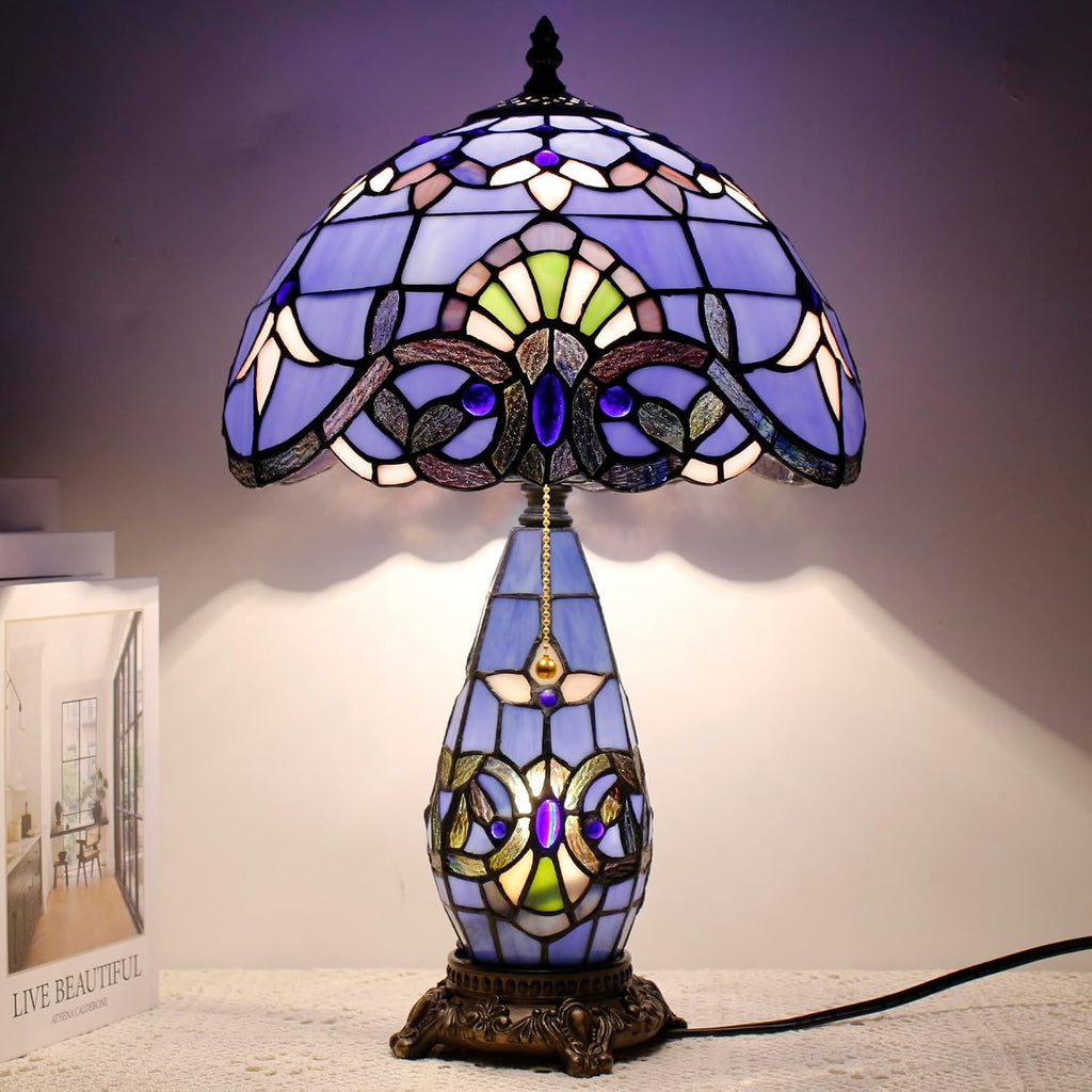 Tiffany Style Lamp Blue Baroque Stained Glass Table Lamp 12X19 Inches Mother-Daughter Vase Desk Reading Light Decor Bedroom Living Room Home Office