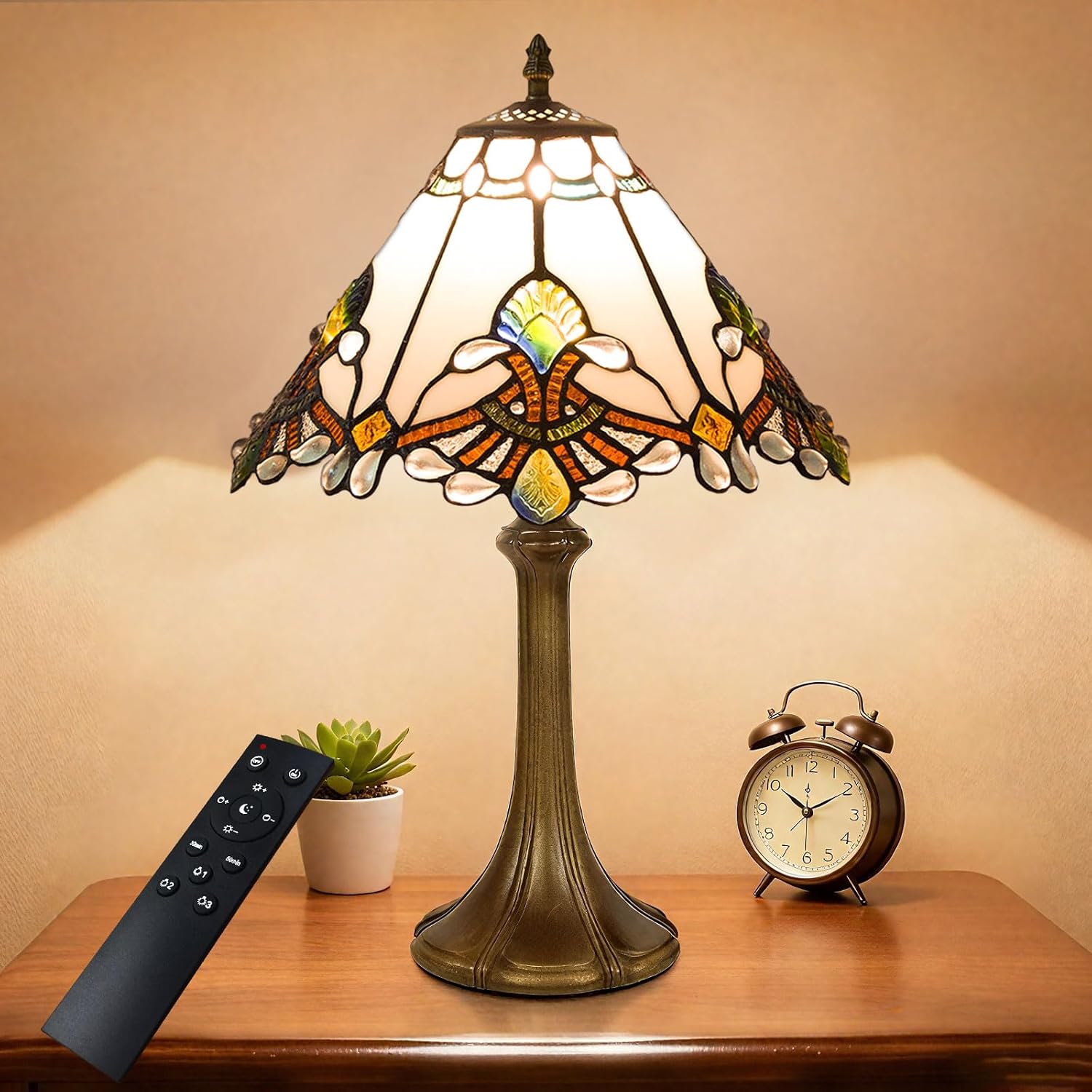 12 Inch Baroque Style Tiffany Table Lamp, Vintage Stained Glass Desk Lamp with Remote Control, 3 Color Temperature & Brightness Level for Office Home Bedroom Living (White)