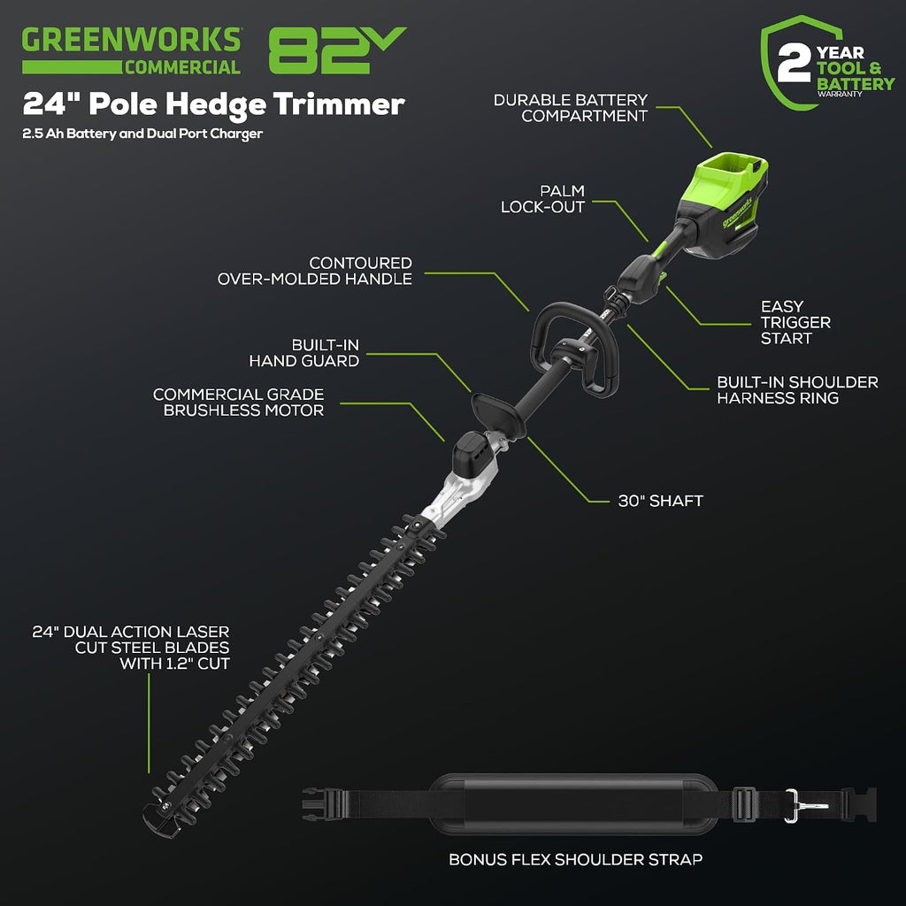 Greenworks 82V 24' Brushless Cordless Short Pole Hedge Trimmer, 2.5Ah Battery and Dual Port Rapid Charger (Great for Landscapers and Professionals)