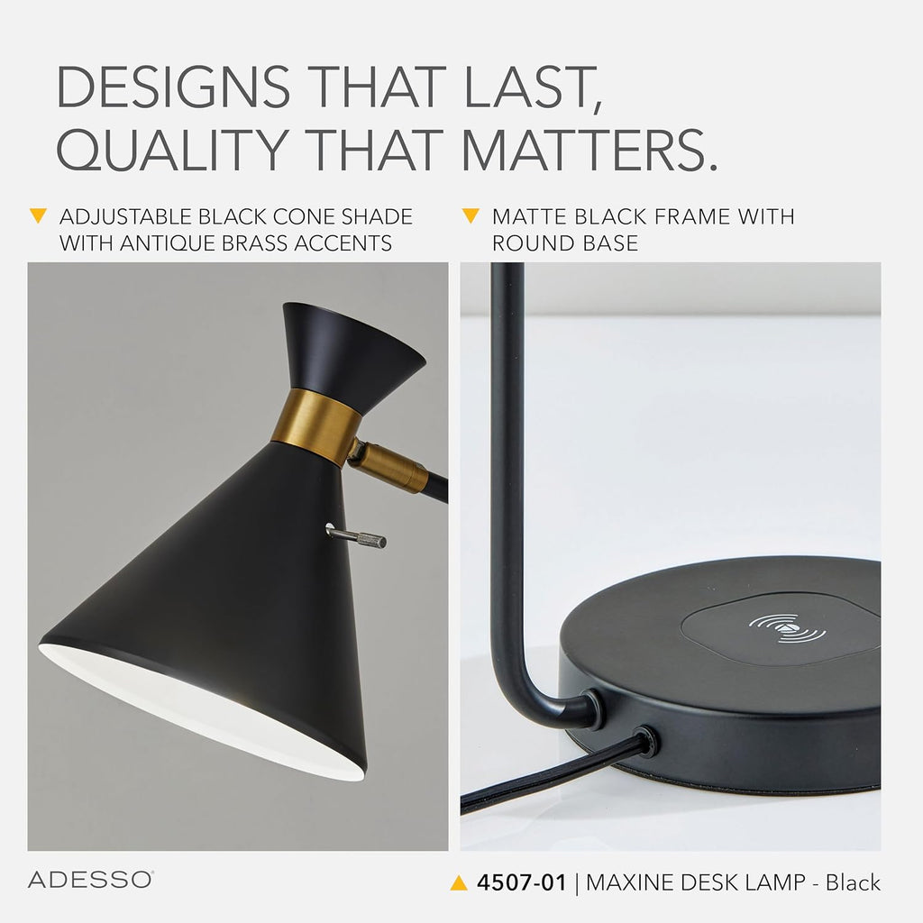 Adesso Desk Lamp – Qi Wireless Charging for Smartphones & USB Port, Adjustable Shade Black and Brass Lamp for Home Office, Dorm, Bedroom, 19' Tall