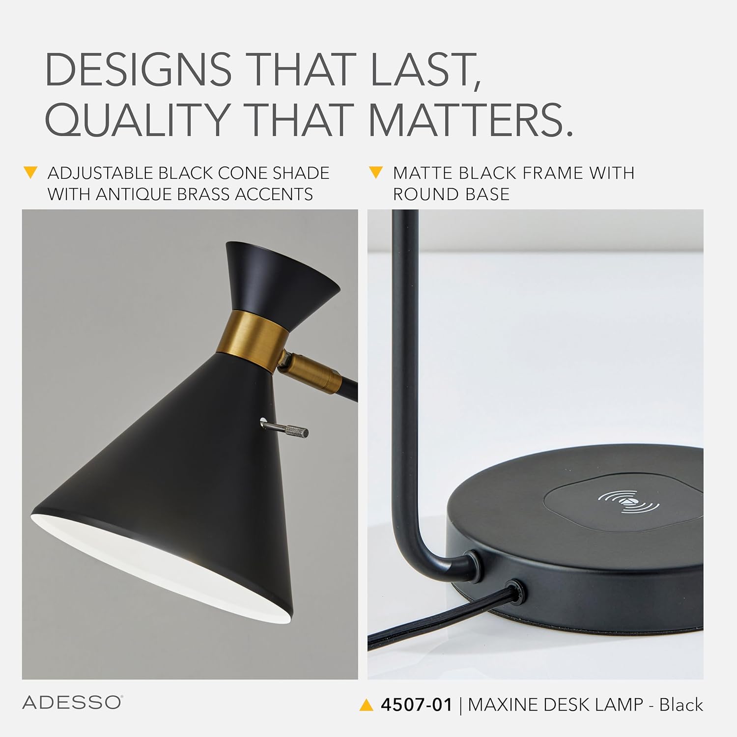 Adesso Desk Lamp – Qi Wireless Charging for Smartphones & USB Port, Adjustable Shade Black and Brass Lamp for Home Office, Dorm, Bedroom, 19' Tall