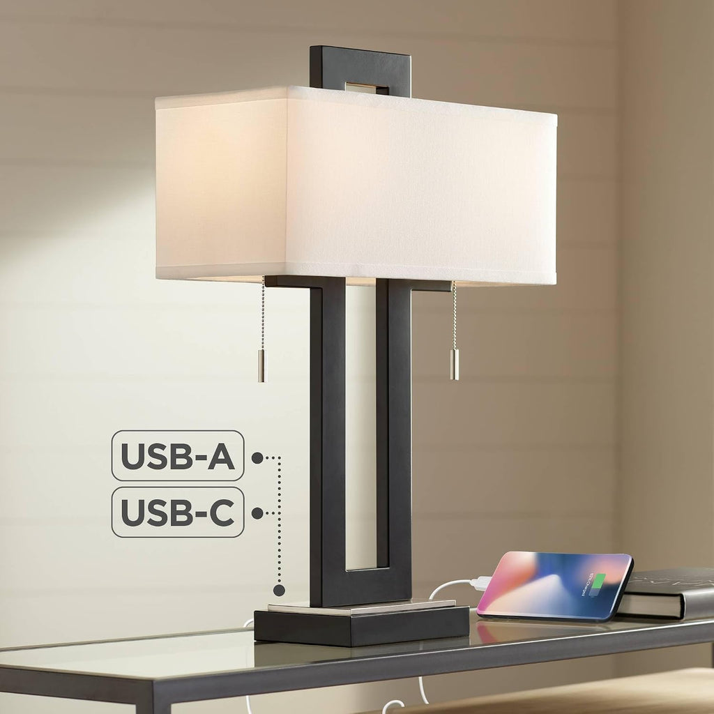 360 Lighting Neil 26' High Modern Rustic Table Lamp with USB Ports A+C Charging Black Open Metal White Fabric Rectangular Shade for Bedroom Living Room House Home Bedside Nightstand Office Family
