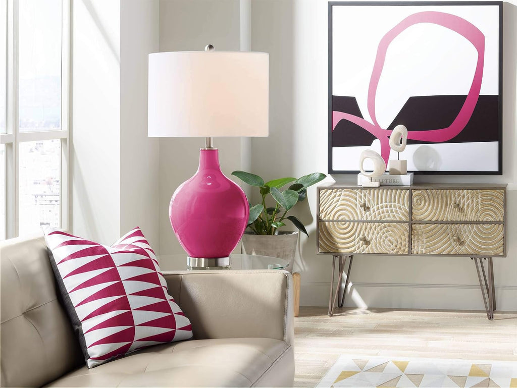 Color + Plus OVO 28 1/2' Tall Modern End Table Lamp Vivacious Pink Finish Glass Single Linen White Shade Living Room Bedroom Bedside Nightstand House Office Home Reading Kitchen Entryway Console