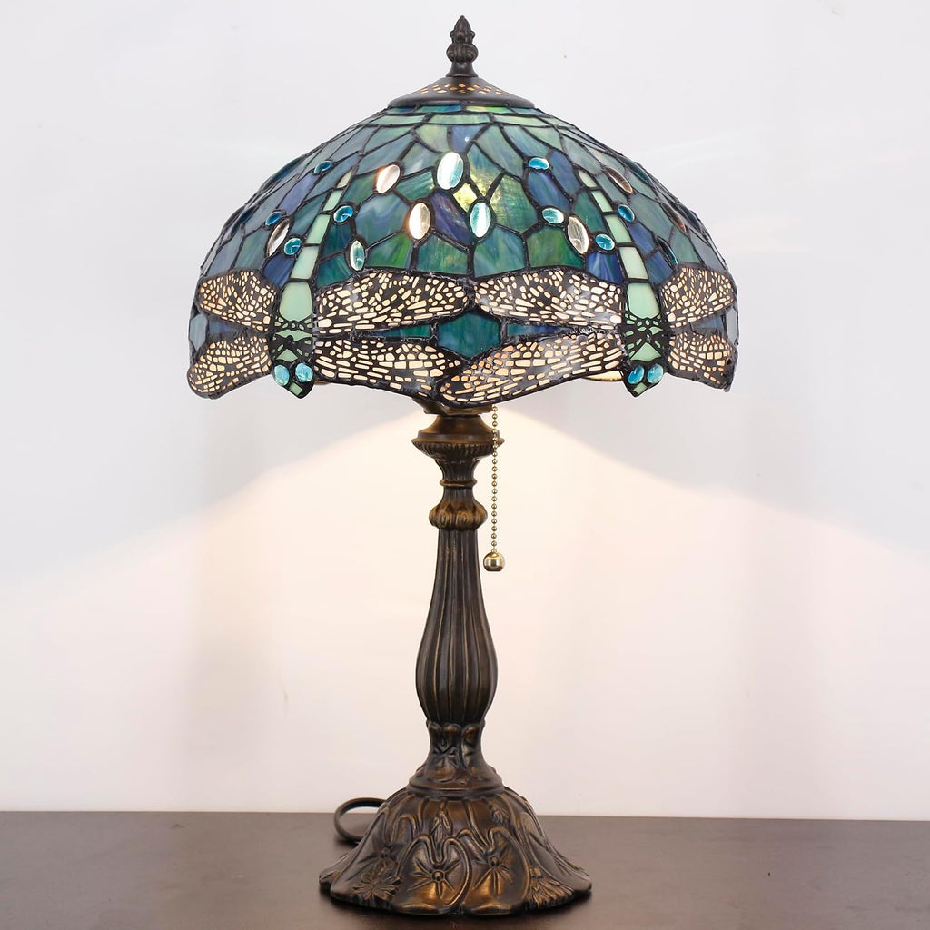 Tiffany Table Lamp Stained Glass Lamp 12X12X19 Inch Antique Reading Light (Blue Dragonfly)