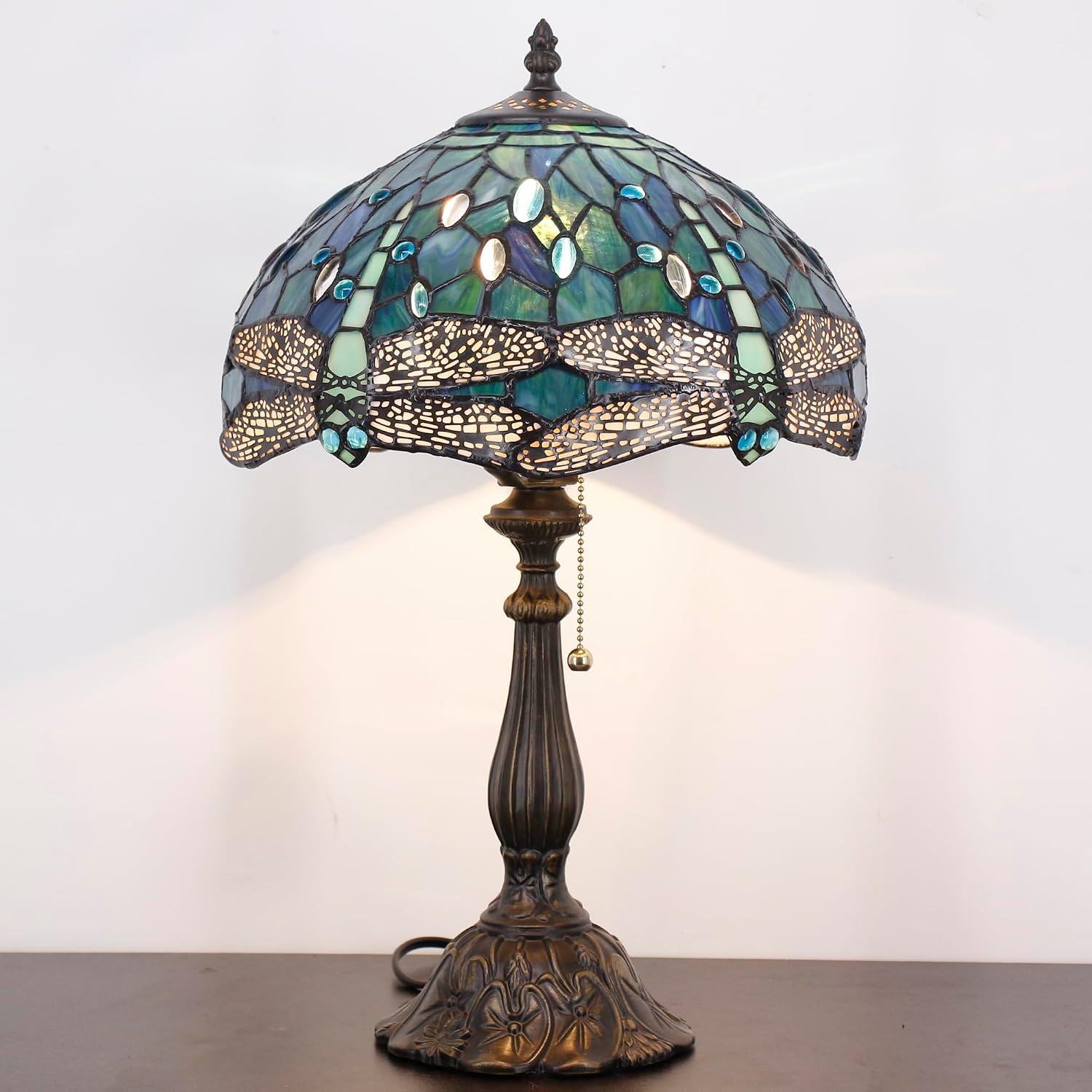 Tiffany Table Lamp Stained Glass Lamp 12X12X19 Inch Antique Reading Light (Blue Dragonfly)