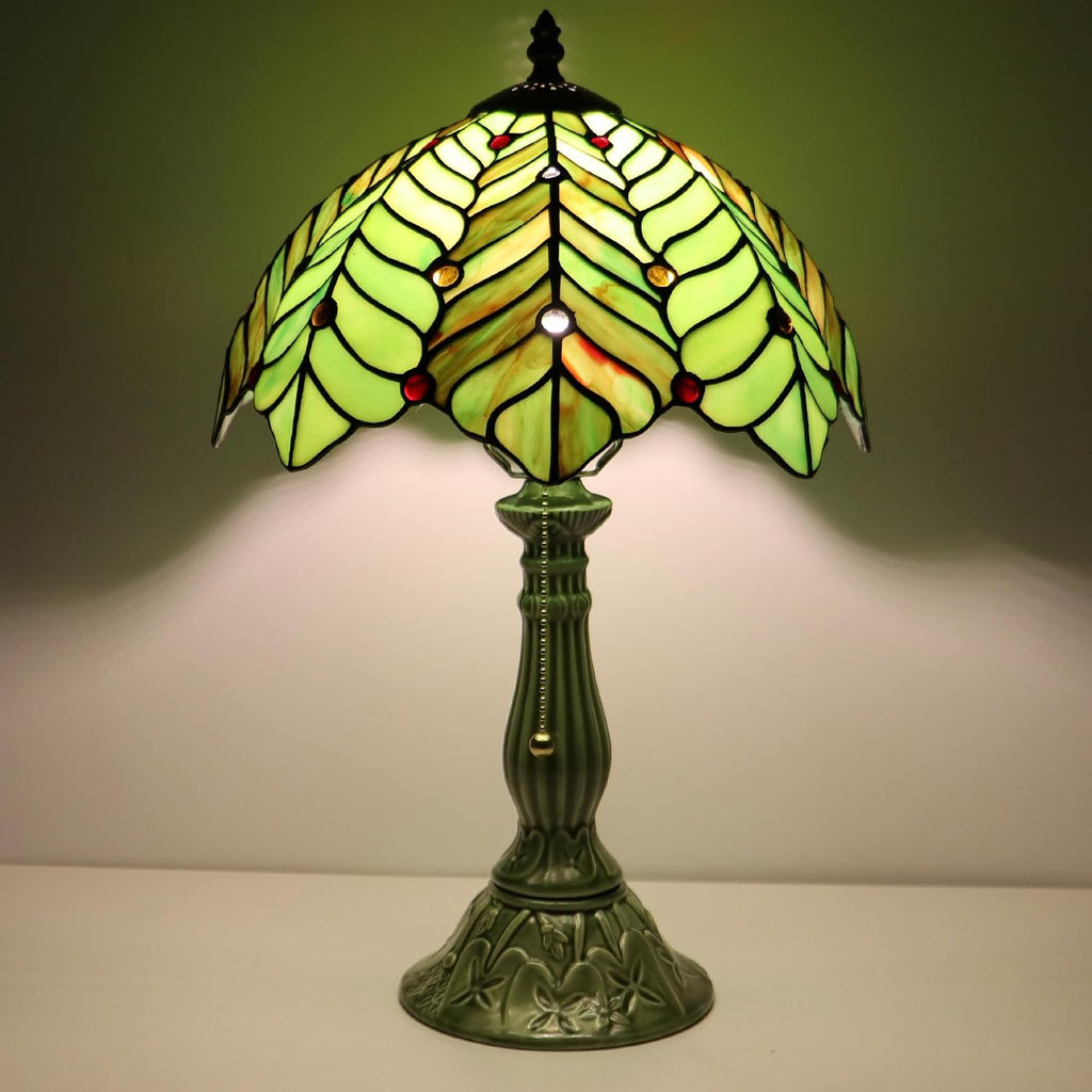 Tiffany Lamp Stained Glass Table Lamps Brown Green Coconut Leaves Style Desk Lamp 12X12X18.5 Inch Bronze Ceramic Base Reading Light Suitable for Bedside Bedroom Living Room Dining Room Office