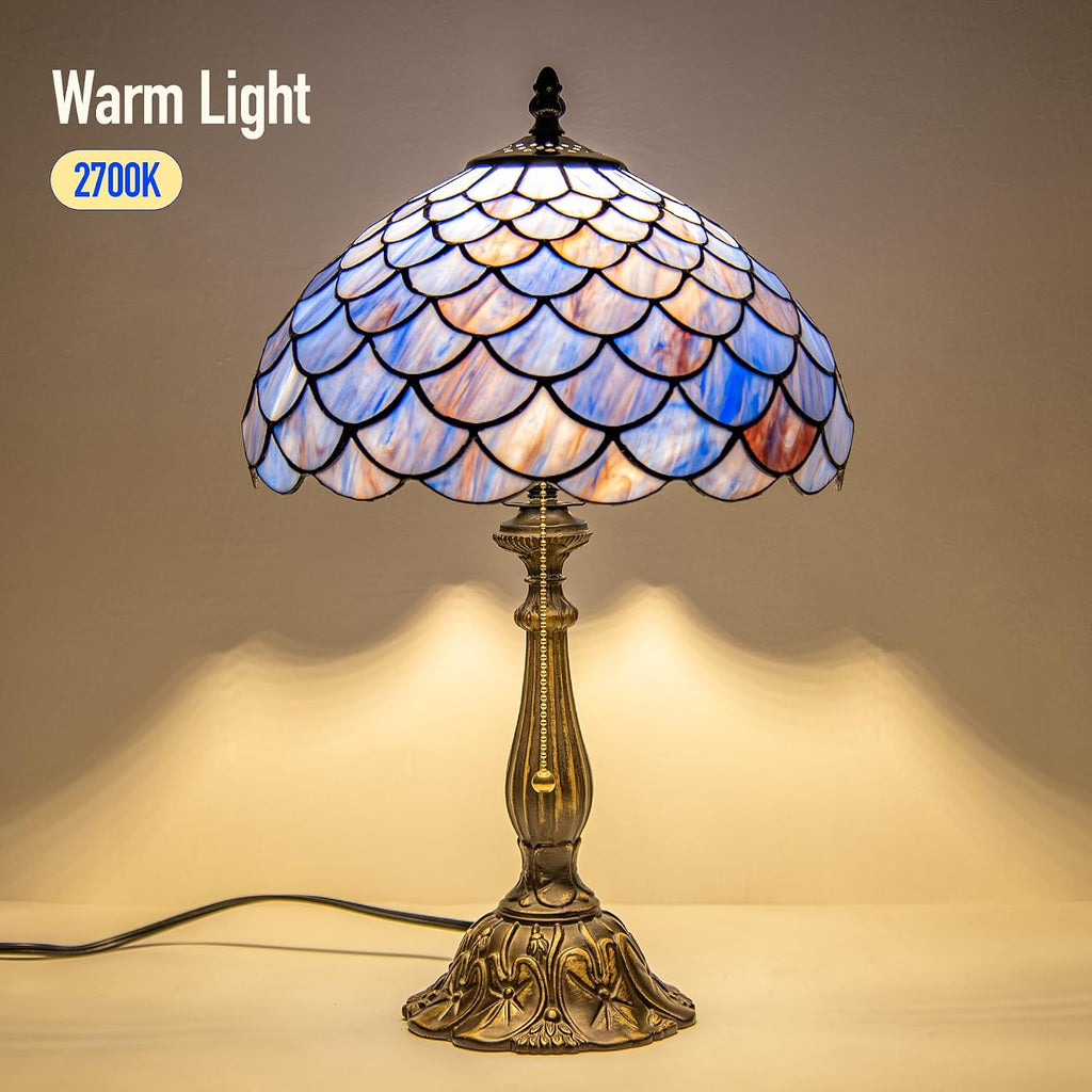 Tiffany Style Table Lamp Vintage Stained Glass Desk Lamp Deep Blue Purple Fish Scales Bedside Reading Light Decor Bedroom Living Room Home Office D12 xH18