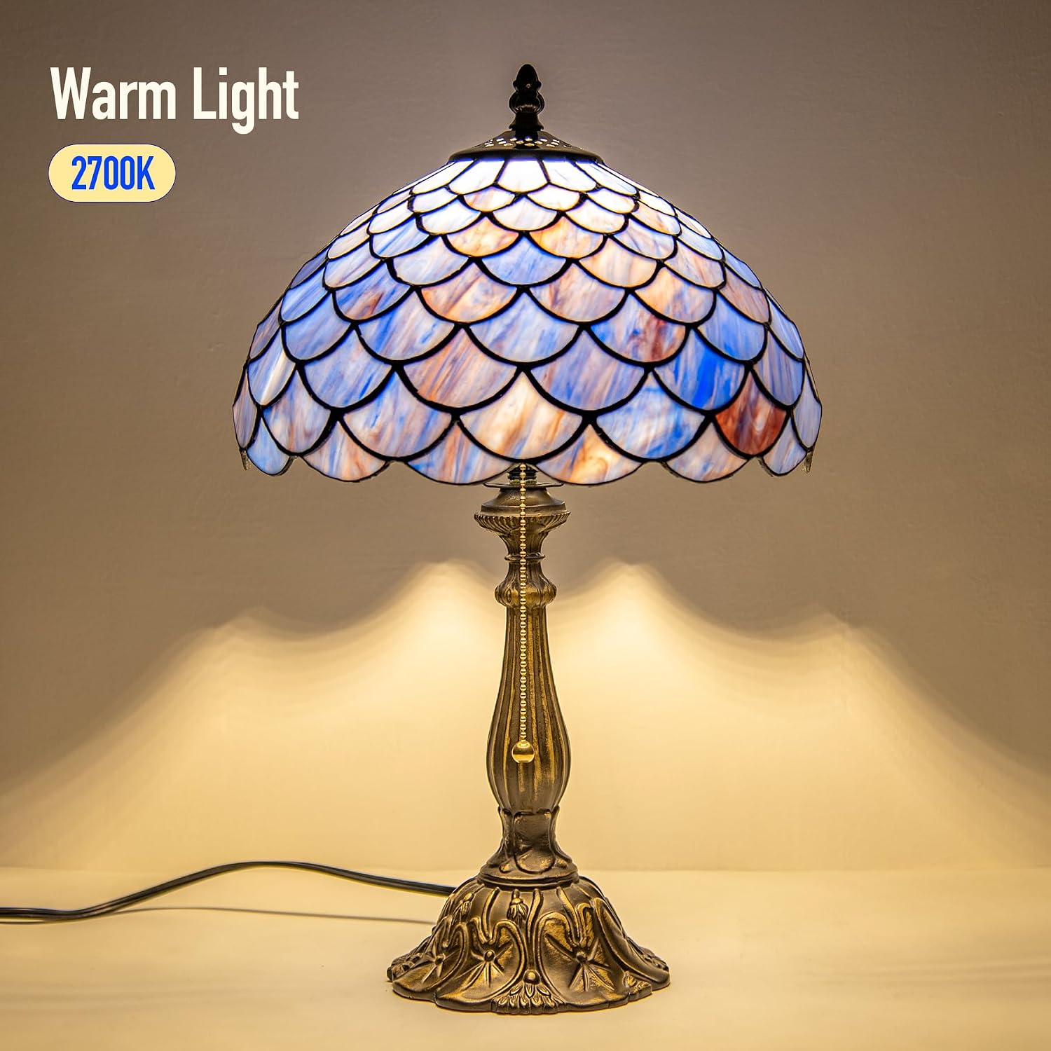 Tiffany Style Table Lamp Vintage Stained Glass Desk Lamp Deep Blue Purple Fish Scales Bedside Reading Light Decor Bedroom Living Room Home Office D12 xH18