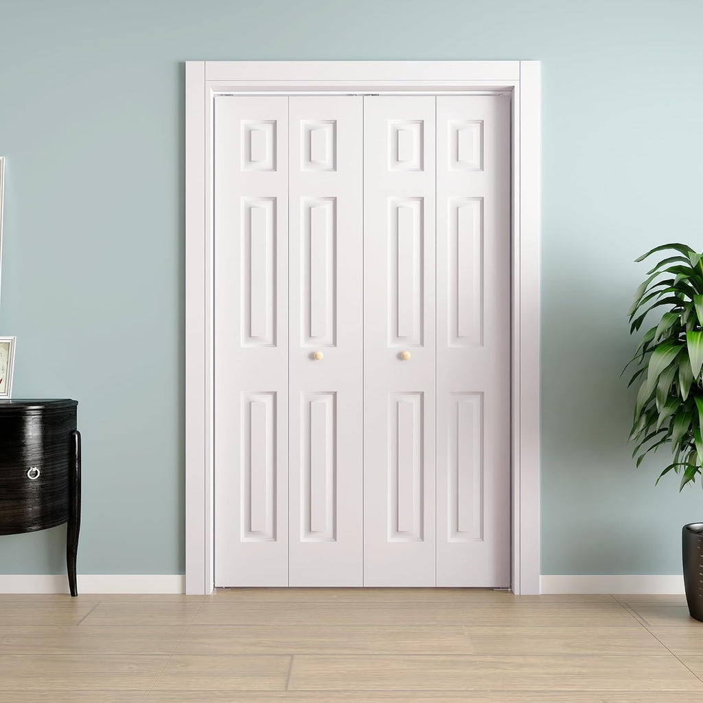 JUBEST Bifold Doors, 6 Panel Primed Bifold Closet Doors for 48'x80' Door Opening, Modern White Hollow Core Bi-Fold Door Slab with Hardware Kit & Knob, Widely Used, Primed