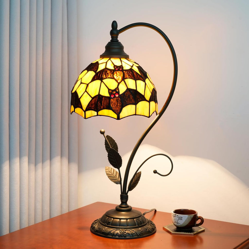 Tiffany Table Lamp Black Bats Stained Glass Bedside Lamp Tiffany Style S Metal Leaves Desk Light for Home Living Room Office Dormitory Bar Family Friends Gift