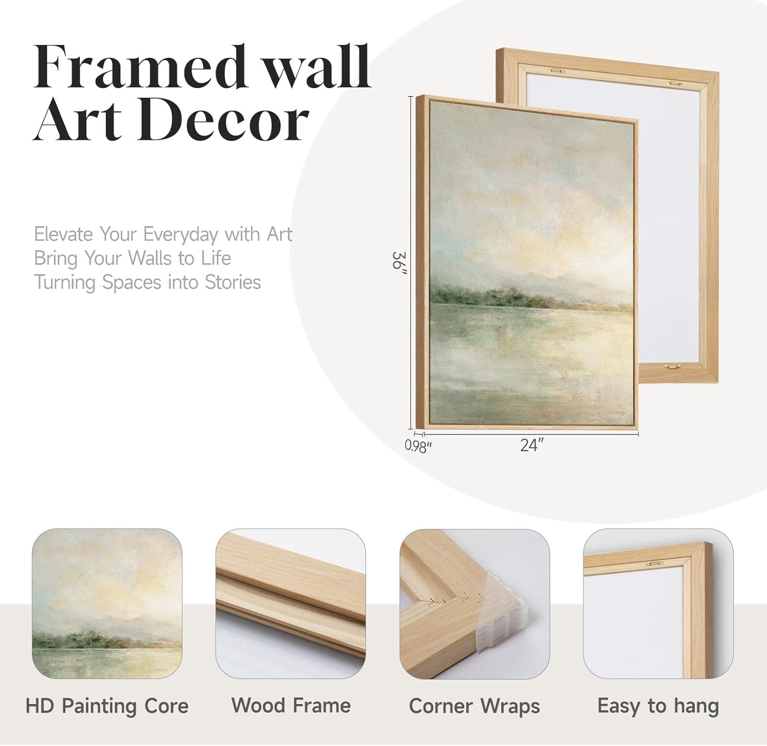 mxart Framed Sage Green Abstract Wall Art for Living Room, Large Set of 2 Abstract Landscape Canvas Artwork for Walls, Minimalist Painting Print for Bedroom Dining Room Office Hallway Wall Decor, 24x36 Inch