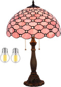WERFACTORY Tiffany Table Lamp Stained Glass Bedside Lamp 16X16X24 Inches Pink Pearl Bead Desk Reading Light Resin Base Decor Bedroom Living Room Home Office S005P Series (Pink Bead)