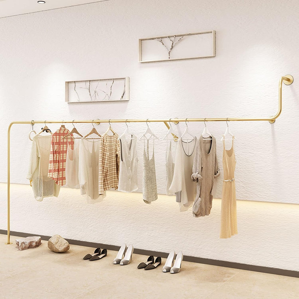 Creative Clothes Display Rack Wall Mounted Storage Clothes Hanging Shelf, Retail Store Garment Rack Organization Clothing Metal Hanging Rod, Heavy Duty Gold(One Color-250CM