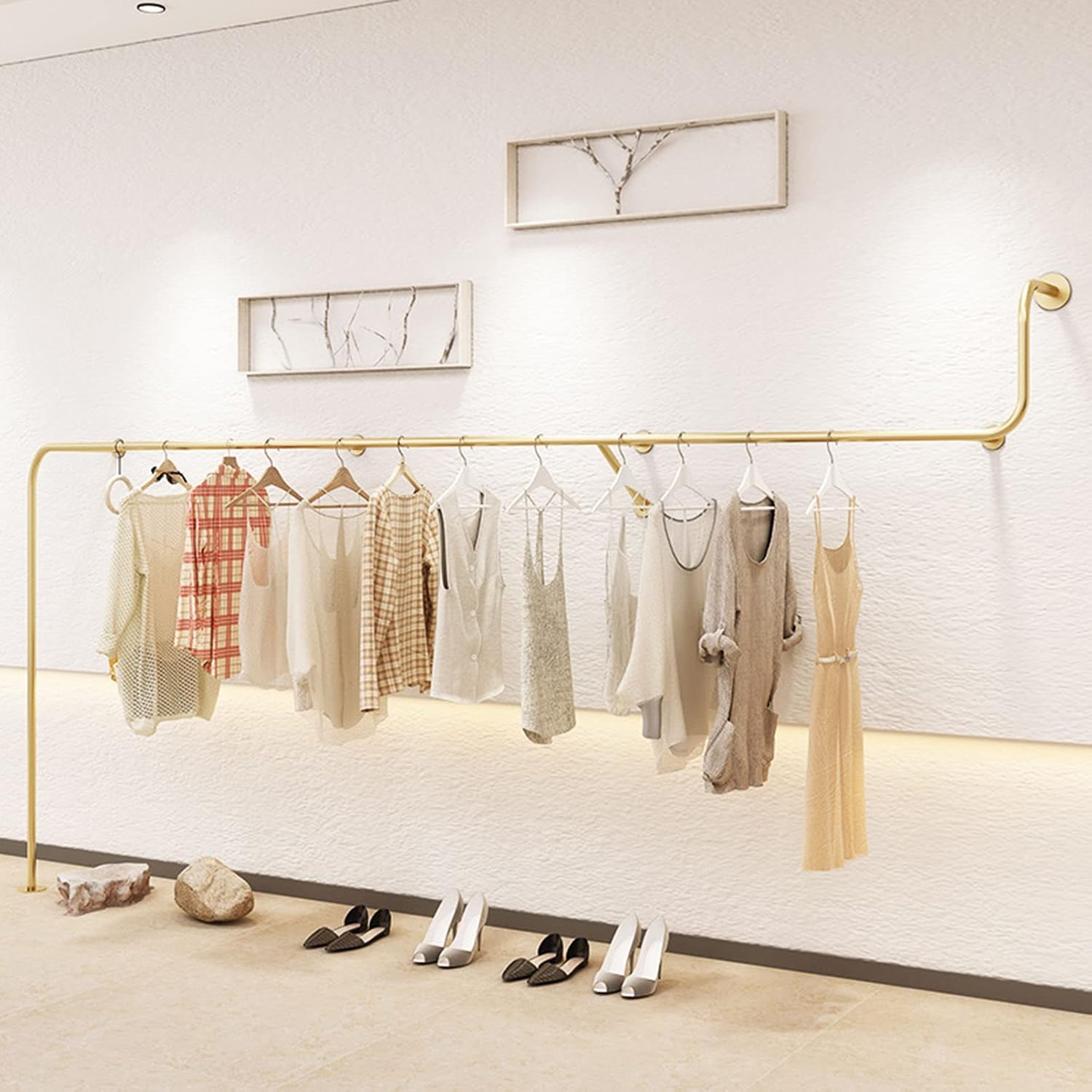 Creative Clothes Display Rack Wall Mounted Storage Clothes Hanging Shelf, Retail Store Garment Rack Organization Clothing Metal Hanging Rod, Heavy Duty Gold(One Color-250CM
