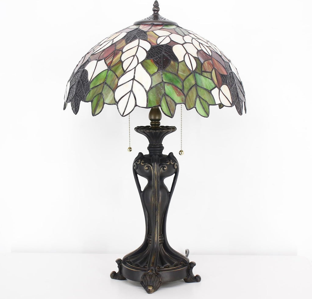 Tiffany Lamp(2 Lights) Stained Glass Table Lamp Bedside Desk Reading Light 16X16X24 Inch Decor Bedroom Living Room Home Office (Maple Leaf)