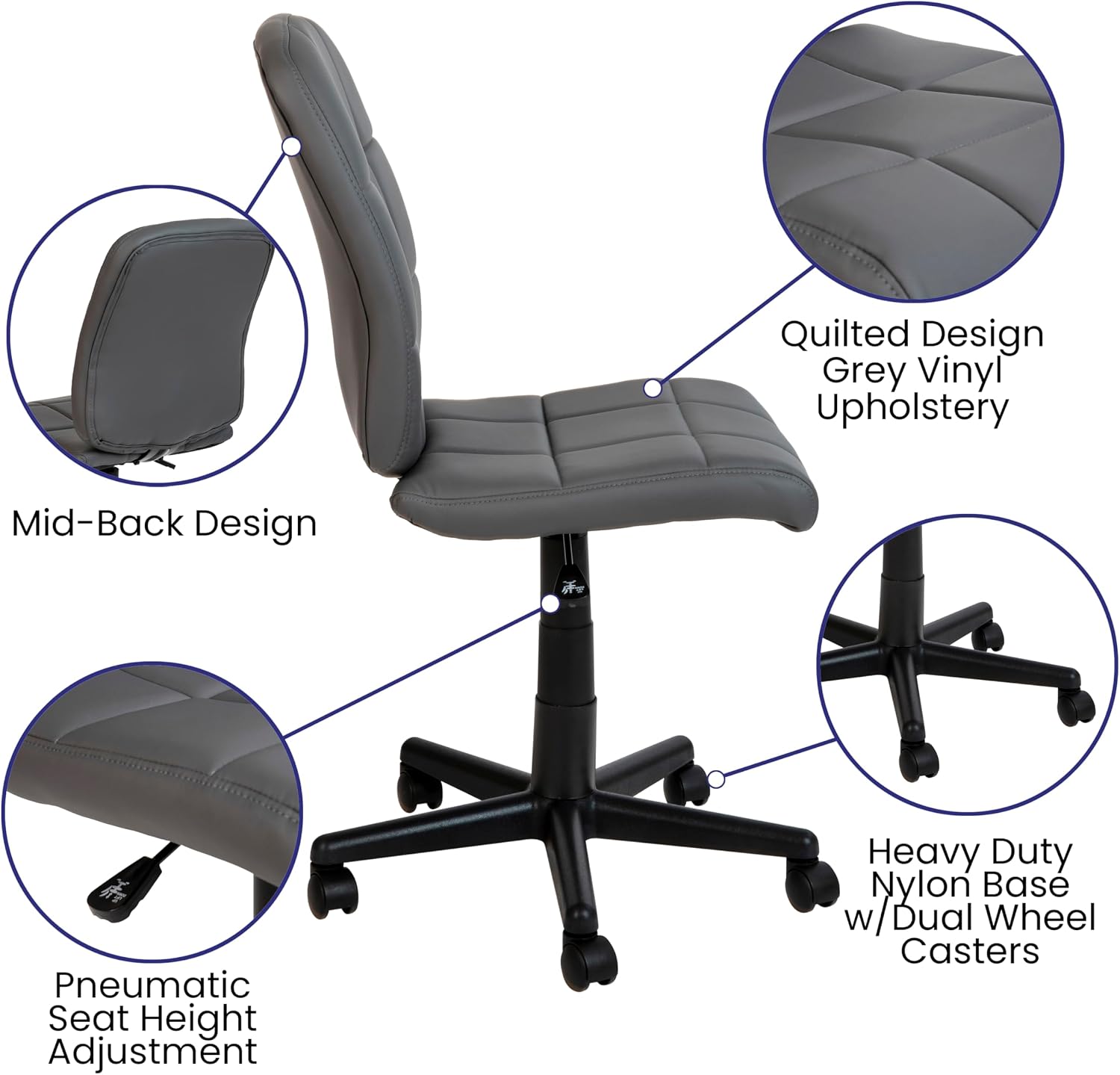 Flash Furniture Clayton Mid Back Swivel Task Chair - Gray Vinyl Upholstery - Tufted Back and 360° Swivel
