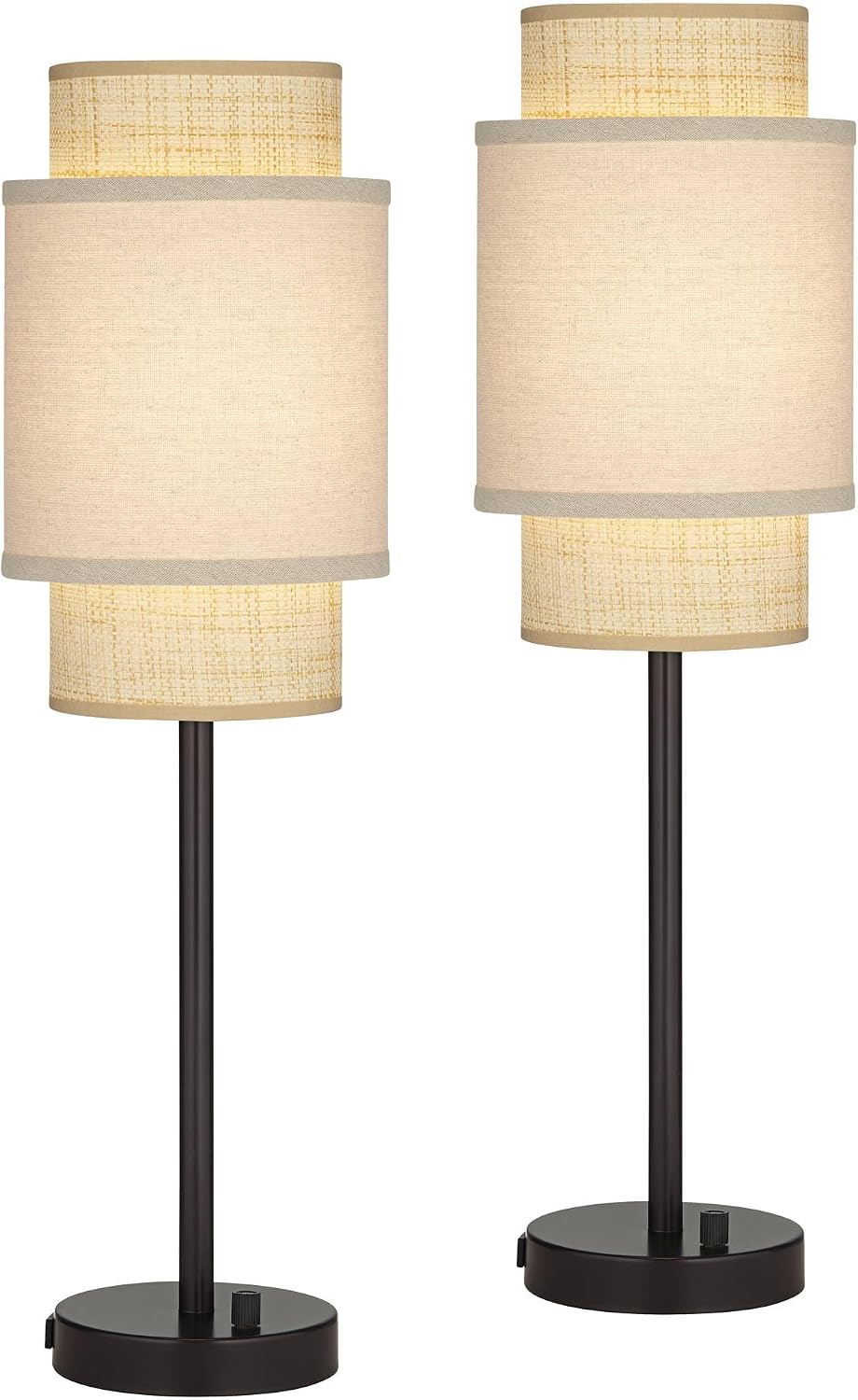 360 Lighting Tull 27' Tall Modern Table Lamps Set of 2 USB Port AC Power Outlet Black Brown Metal Living Room Charging Bedroom Bedside Nightstand House Office Home Linen Tan Tiered Shade