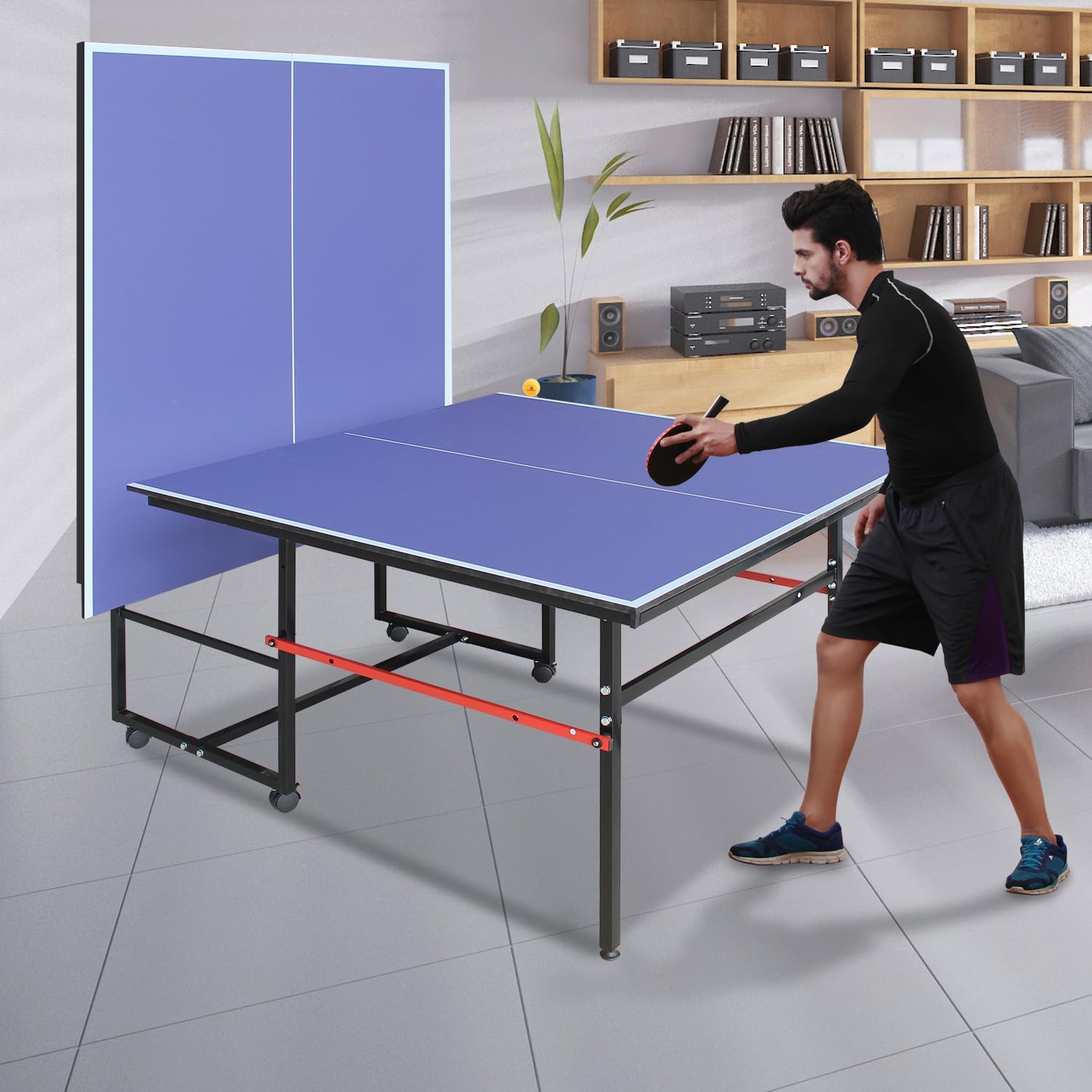 4/6/8/9 ft Professional Table Tennis Table Ping-Pong Tables Set Foldable & Portable Tables with Removable Net 2 Table Tennis Paddles and 3 Balls Easy Assembly