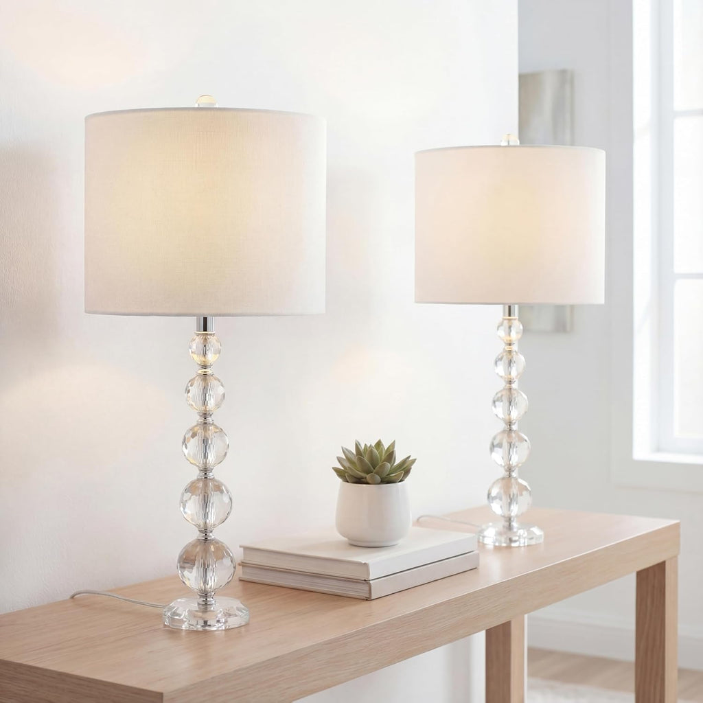 JONATHAN Y 28.5' Clear Crystal Faceted Orb Table Lamp Set of 2, Modern Glam Chrome Bedside Lamps for Living Room, White Linen Drum Shade, UL Listed, LED Bulbs Included JYL5002A-SET2
