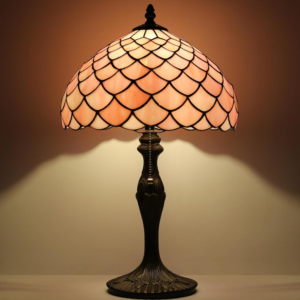 Tiffany Lamp Stained Glass Table Lamp 12' x 19' Pink Fish Scales Style Decorative Lamp Bedside Reading Lamp for Desk Living Room Bedroom Office Study Light Home Decor Gift