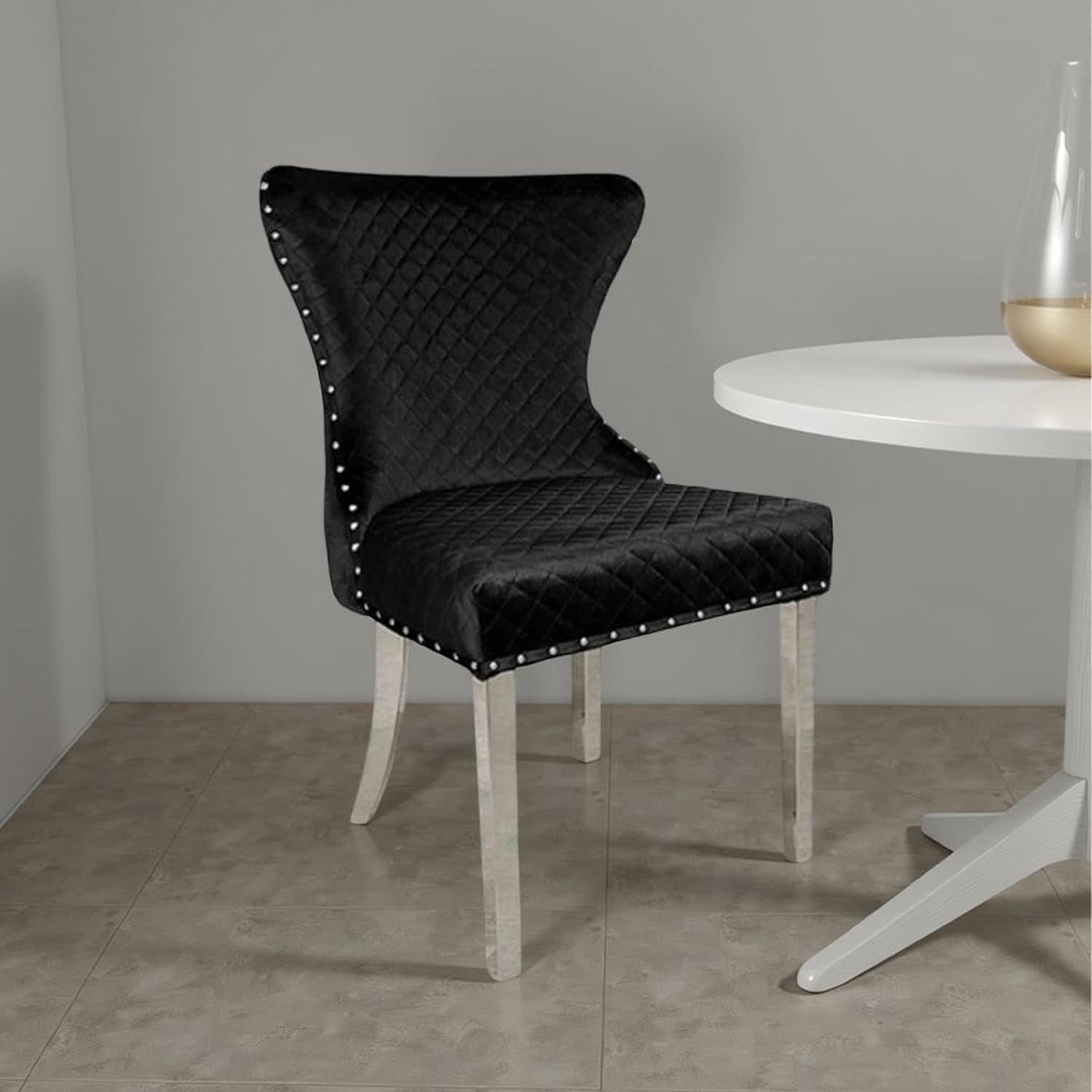 Anova Side Dining Chair Set of 2, Rivet Trim, Silver Stainless Steel, Black Fabric