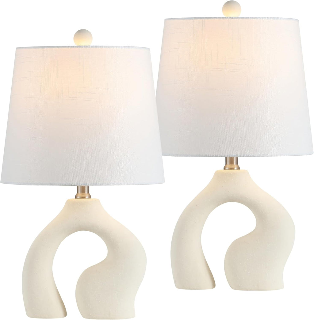 JONATHAN Y 19' Cream Ceramic Arch LED Table Lamp Set of 2, Scandinavian Minimalist Modern Bedside Lamps for Living Room Bedroom, White Linen Shade, LED Bulbs Included JYL5504A-SET2