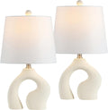 JONATHAN Y 19' Cream Ceramic Arch LED Table Lamp Set of 2, Scandinavian Minimalist Modern Bedside Lamps for Living Room Bedroom, White Linen Shade, LED Bulbs Included JYL5504A-SET2