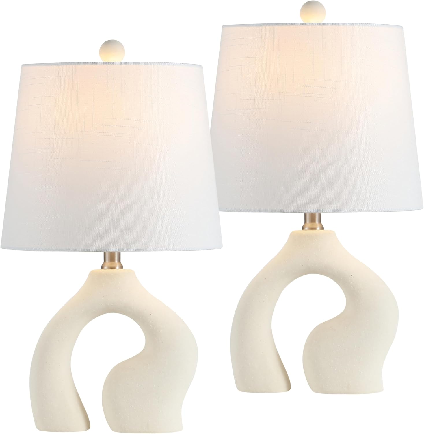 JONATHAN Y 19' Cream Ceramic Arch LED Table Lamp Set of 2, Scandinavian Minimalist Modern Bedside Lamps for Living Room Bedroom, White Linen Shade, LED Bulbs Included JYL5504A-SET2