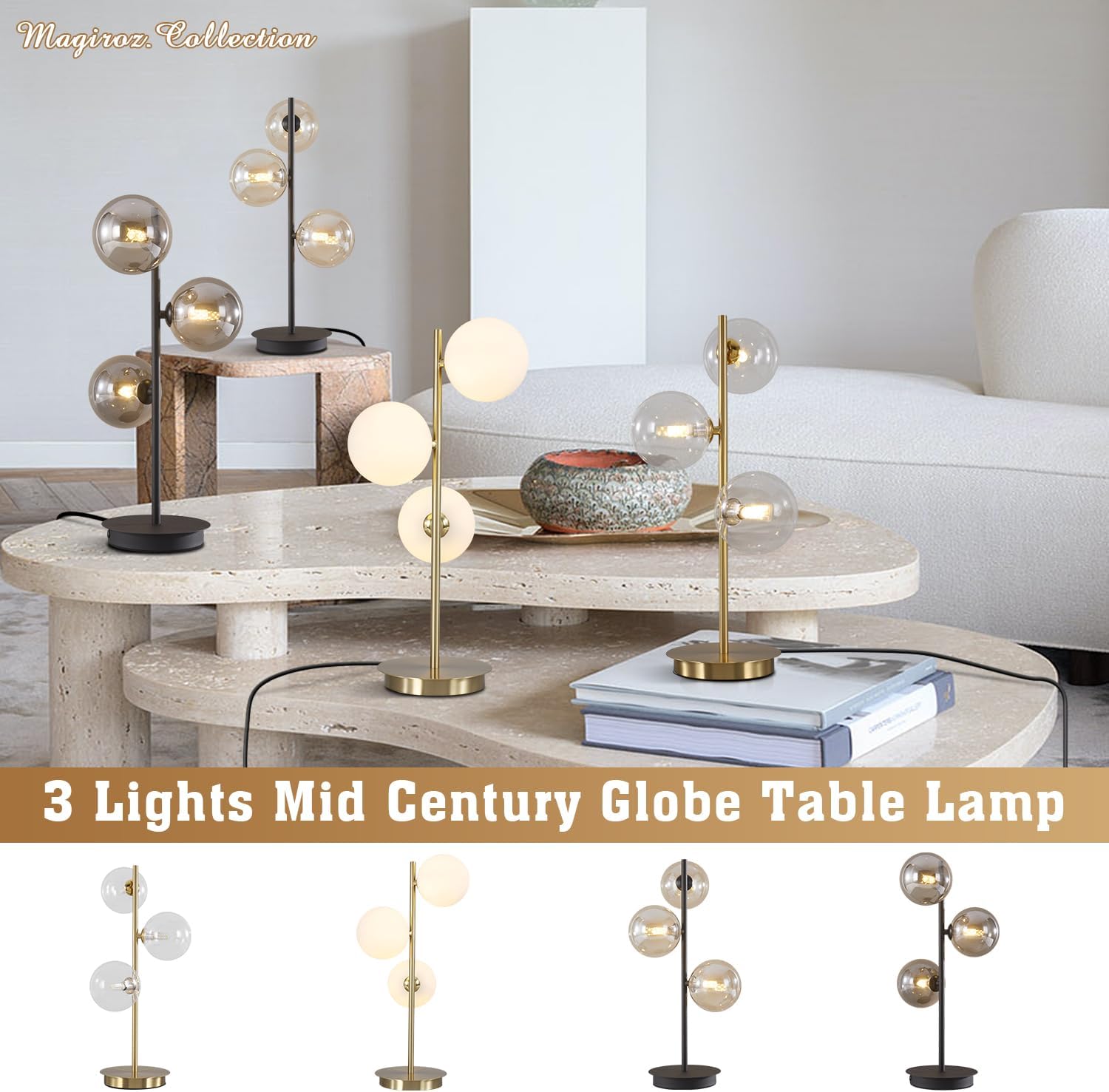 Modern Glass Globe Table Lamp 3 Lights Mid Century Small Gold Desk Lamp Contemporary Minimalist Brass Bedside Table Lamps with White Glass Shade Reading Lamp for Bedroom Office G9 MTL03-W