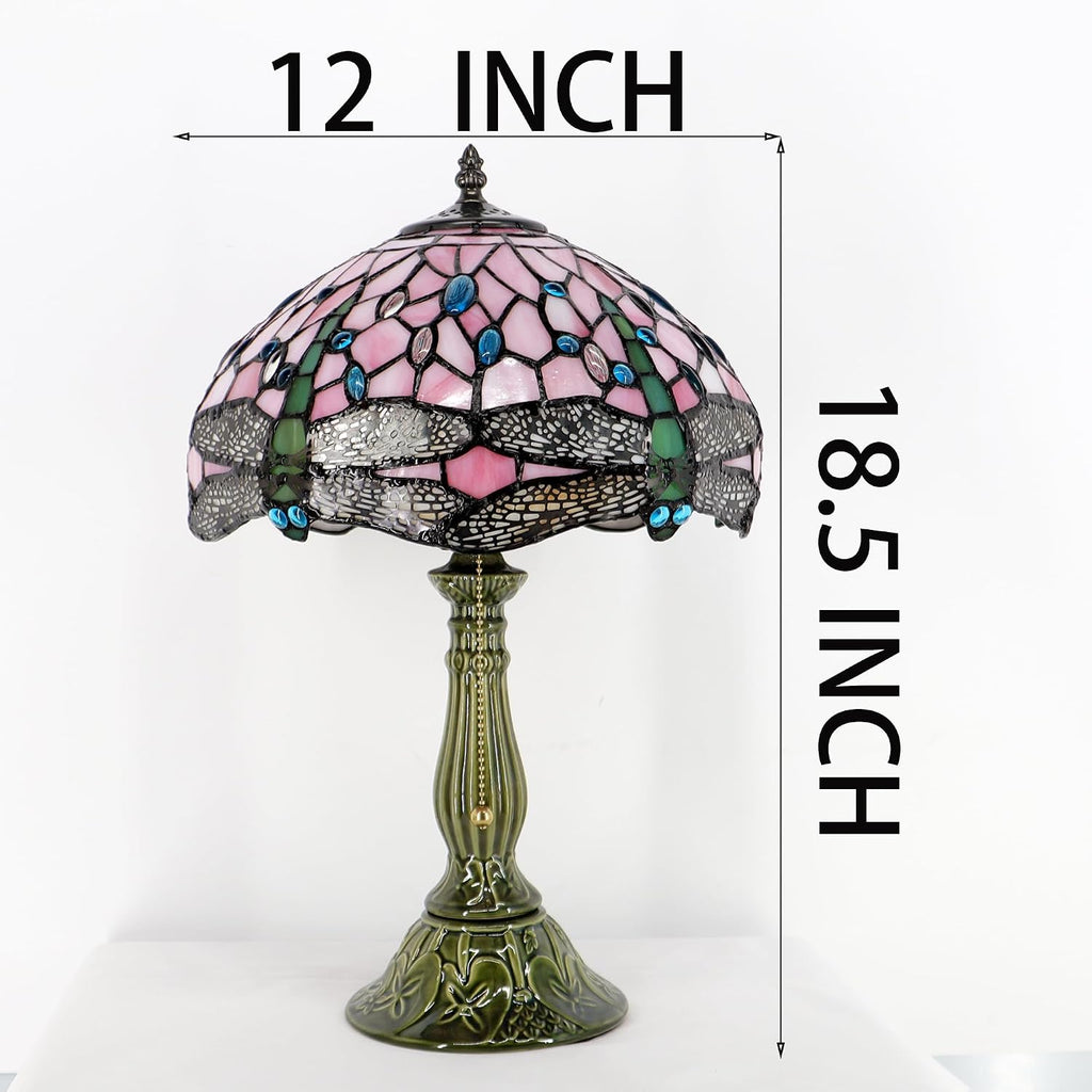 Tiffany Lamp Stained Glass Table Lamps Pink Dragonfly Style Desk Lamp12X12X18.5 Inch Bronze Ceramic Base Reading Light Suitable for Bedside Bedroom Living Room Dining Room Office