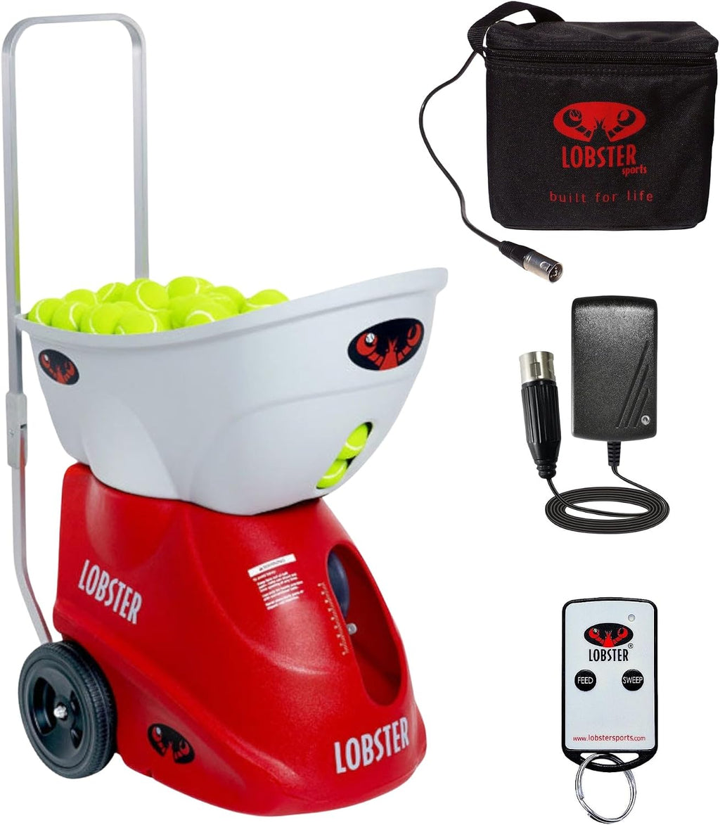 Lobster Sports Tennis Ball Machine - Automatic Portable Tennis Ball Launcher for Training and Practice - Pre-Programmed and Custom Drills, with Remote - External Battery (Elite One)