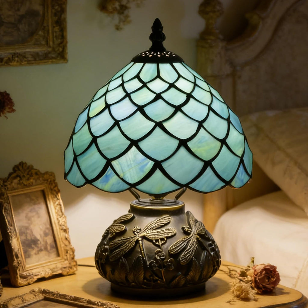 Small Tiffany Lamp Mini Stained Glass Table Lamp Mushroom Memory Sympathy Lamp 8X11 Inch (Fishscale Style)