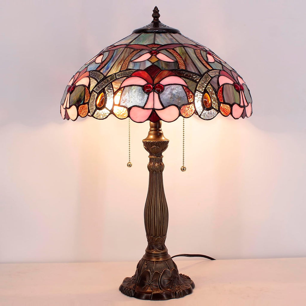 WERFACTORY Tiffany Lamp Blue Pink Stained Glass Bedside Table Lamp 16X16X24 Inch Desk Reading Lamp Resin Base Decoration Bedroom Living Room Home Office S830B Series
