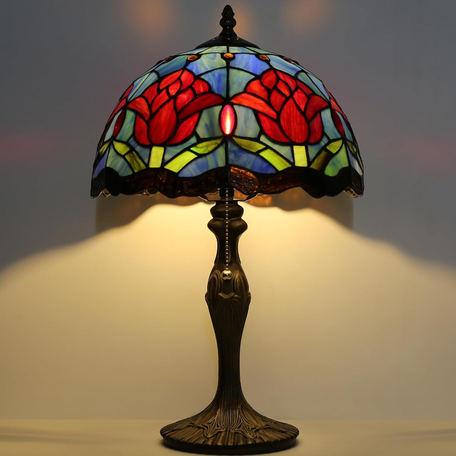 Tiffany Lamp Stained Glass Table Lamp 12' x 19' Red Tulips Style Bedside Reading Lamp Decorative Lamp for Desk Living Room Bedroom Office Study Light Home Decor Gift