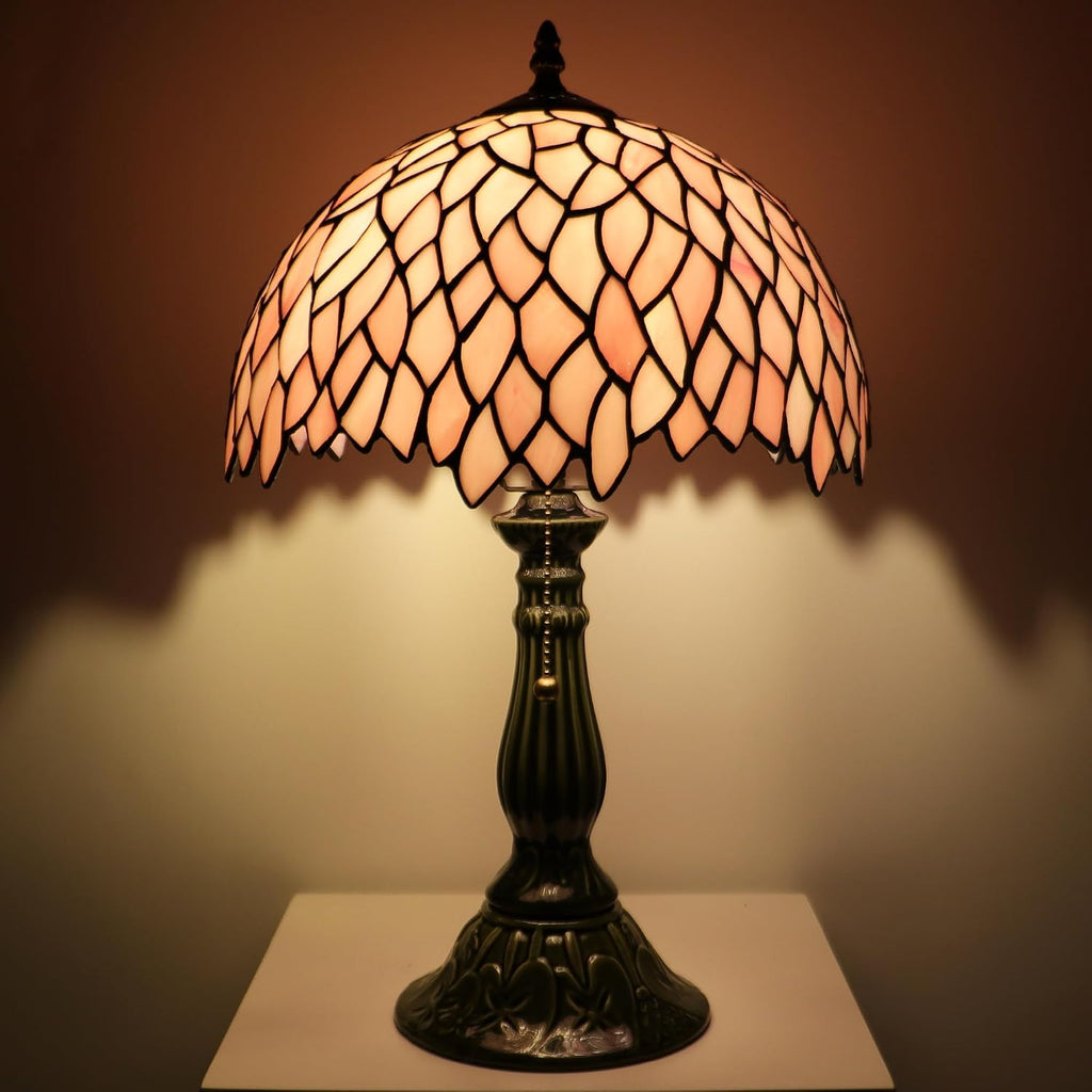 Tiffany Lamp Stained Glass Table Lamps Pink Leaf Style Desk Lamp12X12X18.5 Inch Bronze Ceramic Base Reading Light Suitable for Bedside Bedroom Living Room Dining Room Office