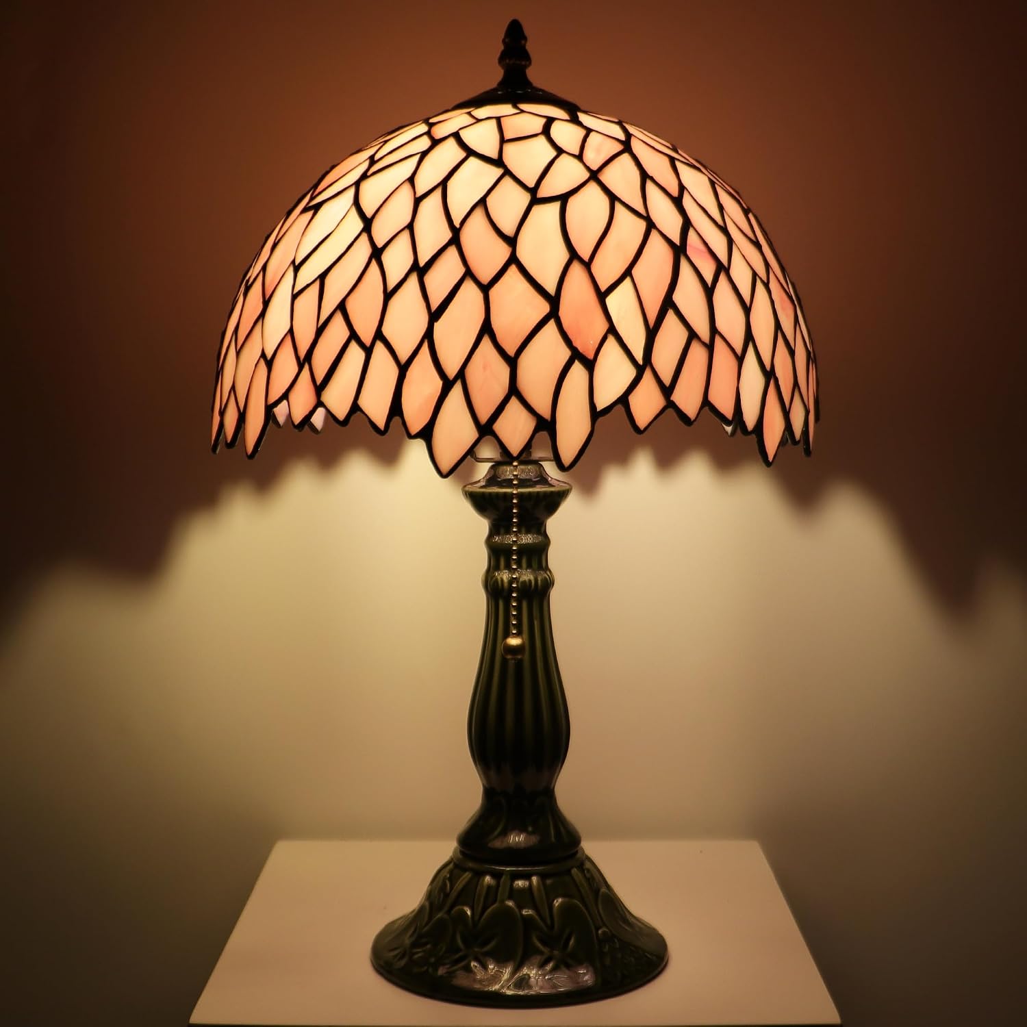 Tiffany Lamp Stained Glass Table Lamps Pink Leaf Style Desk Lamp12X12X18.5 Inch Bronze Ceramic Base Reading Light Suitable for Bedside Bedroom Living Room Dining Room Office