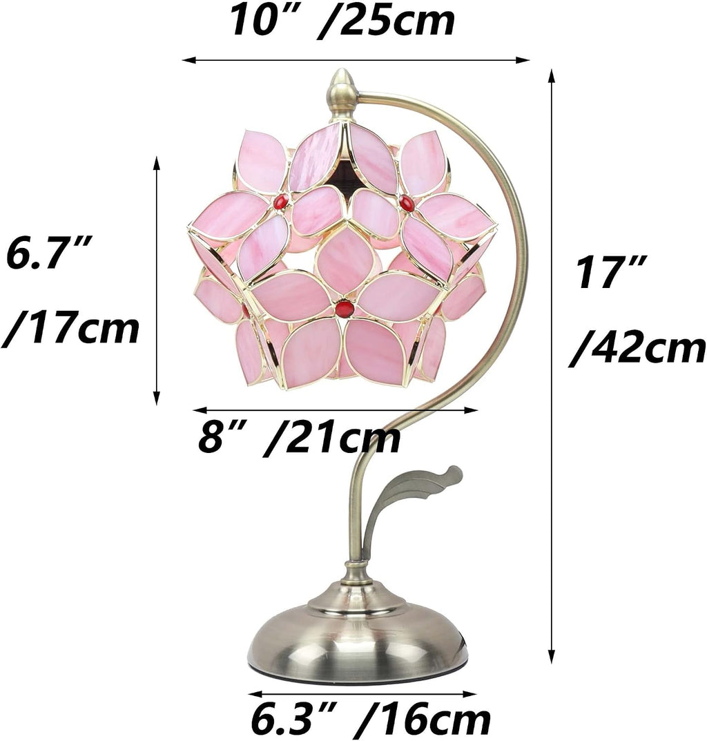 Bieye L10832 Tiffany Style Stained Glass Flower Petal Table Lamp with Brass Base for Home Décor (Pink, 8' Apple Blossom)
