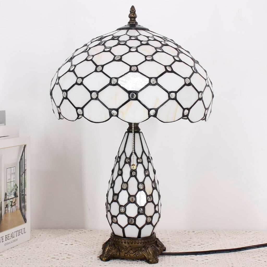 Tiffany Lamp Stained Glass Table Lamp 12X19 Inches Mother Daughter Vase Desk Accent Night Light for Bedroom Bedside Reading Home Antique Style (White Yellow)