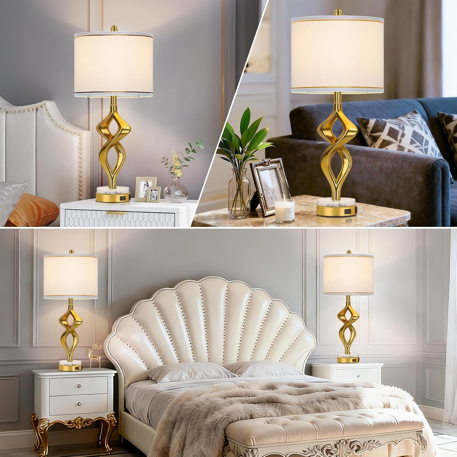 28.5' Modern Sculptural Living Room Table Lamps Set of 2 with USB A+C & AC Outlet, Gold Bedside Table Lamps with White Marble Base & Linen Shade, Nightstand Lamps for Bedroom Study Office Hotel Bar
