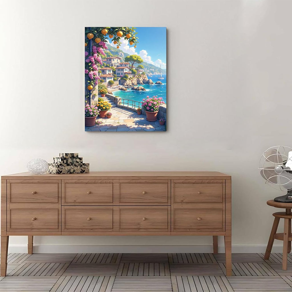 Italian Amalfi Coast Lemon Tree Garden Mediterranean Style Wall Art | Wrapped canvas, space display, nature landscape poster, Mediterranean style, no glare