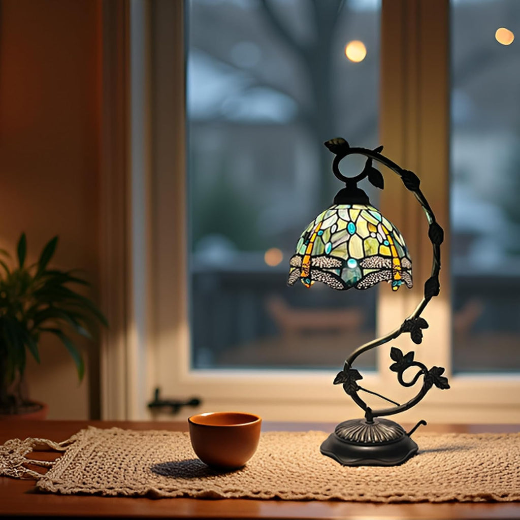Tiffany Table Lamp, Stained Glass Desk Reading Light,Metal Leaf Table Lamp Base 8X10X21 Inches (Brown Dragonfly)